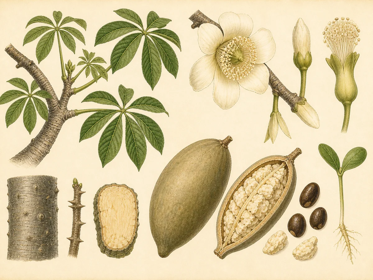 Prancha botânica complementar de Baobá (Adansonia digitata) com caracteres de identificação e ciclo de vida