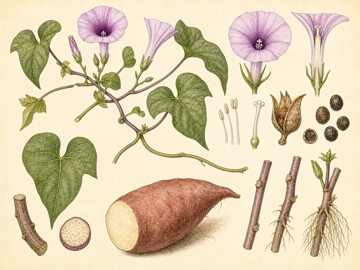 Prancha botânica complementar de Batata-doce (Ipomoea batatas) com caracteres de identificação e ciclo de vida