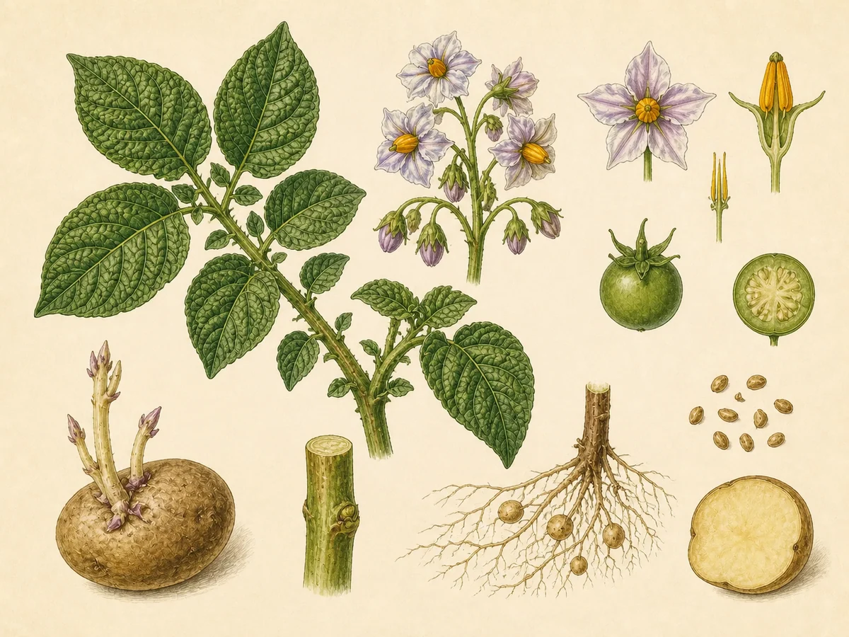 Prancha botânica complementar de Batata (Solanum tuberosum) com caracteres de identificação e ciclo de vida