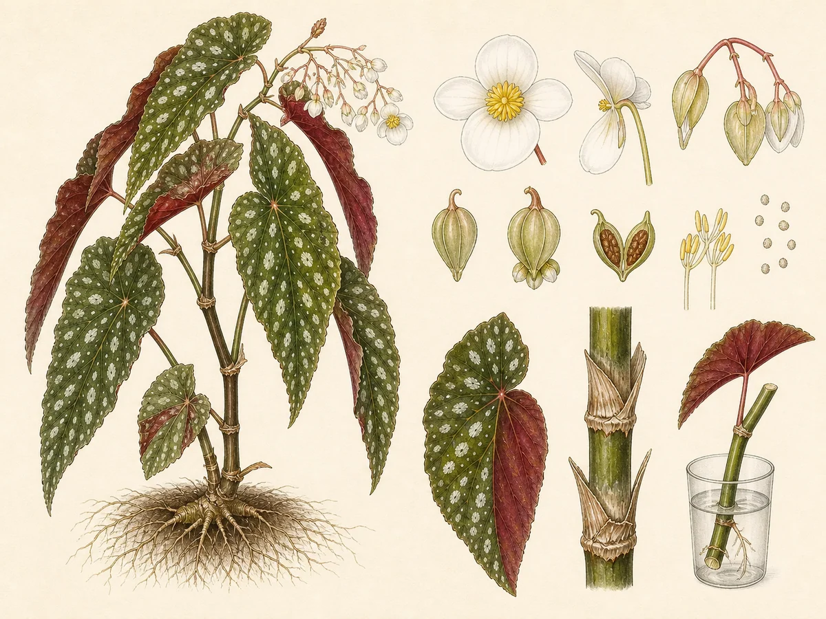 Prancha botânica complementar de Begónia-maculata (Begonia maculata) com caracteres de identificação e ciclo de vida