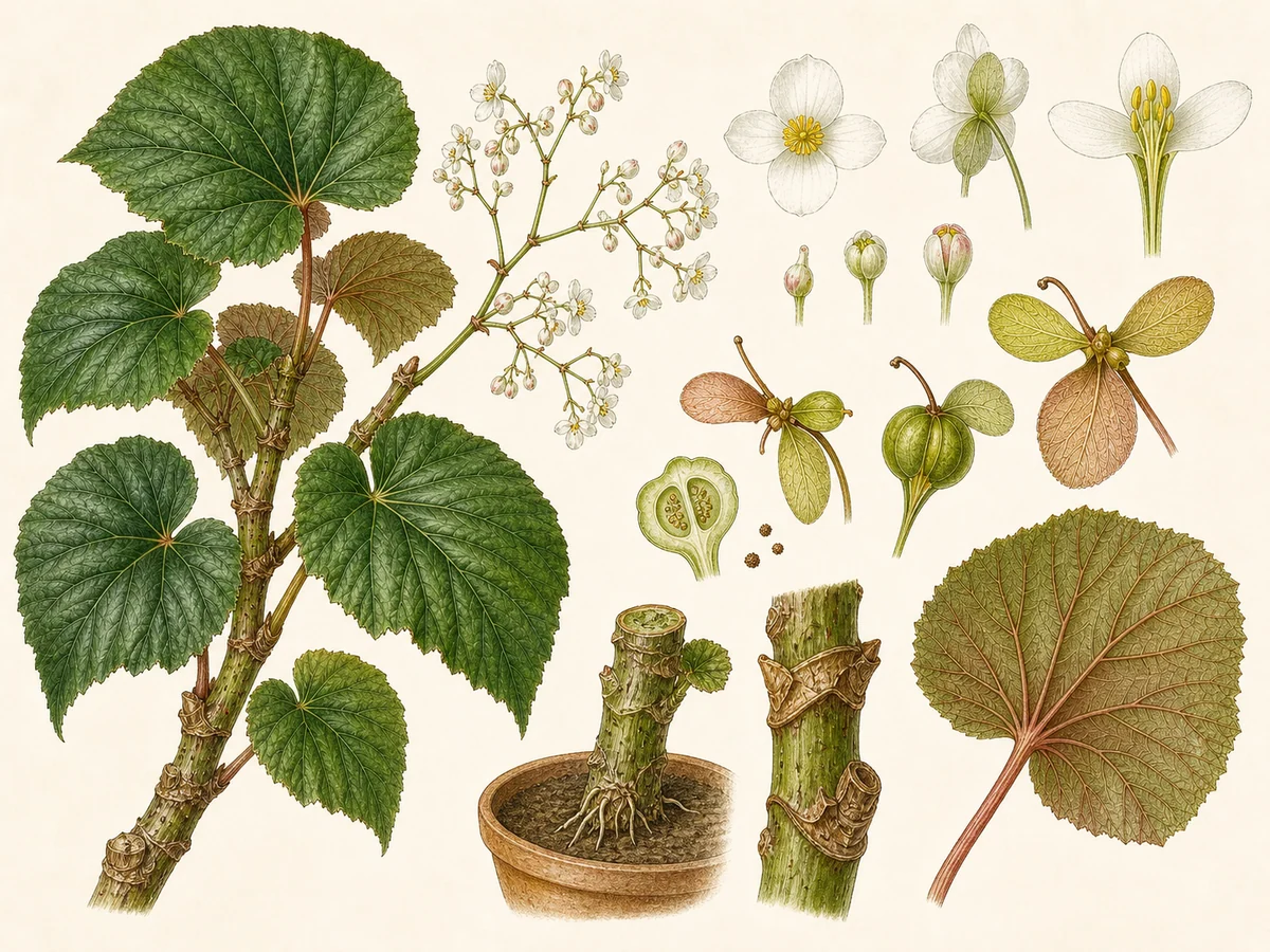 Prancha botânica complementar de Begónia-reniforme (Begonia reniformis) com caracteres de identificação e ciclo de vida