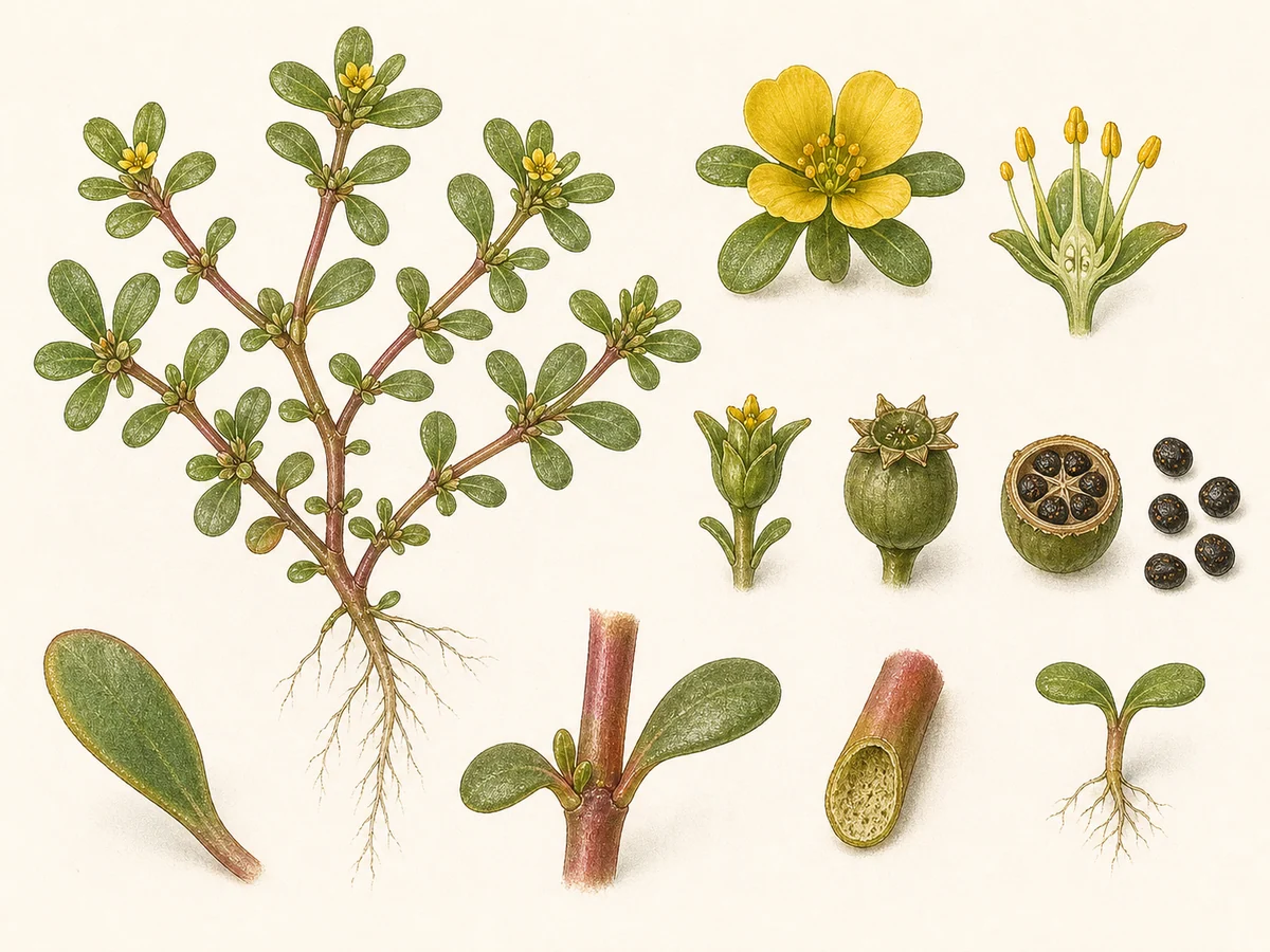 Prancha botânica complementar de Beldroega (Portulaca oleracea) com caracteres de identificação e ciclo de vida