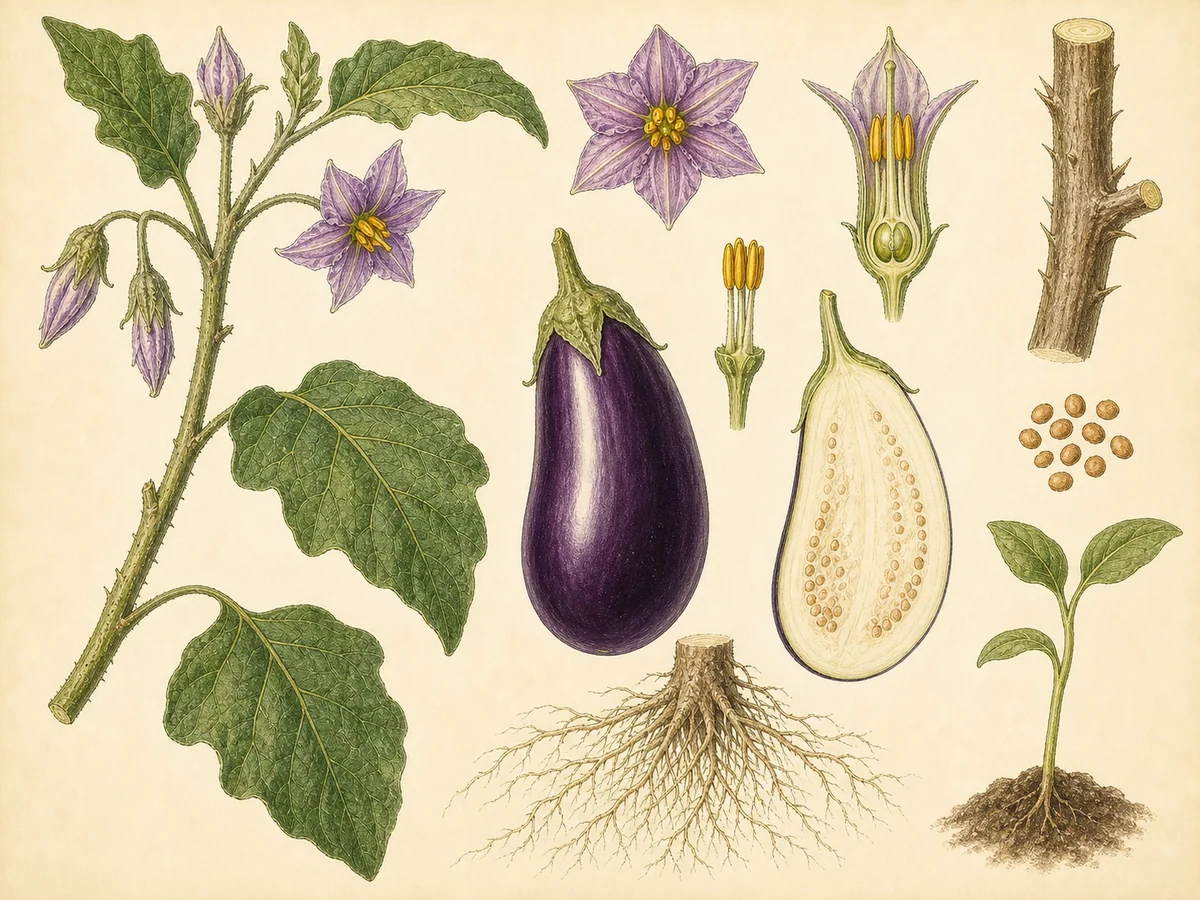 Prancha botânica complementar de Beringela (Solanum melongena) com caracteres de identificação e ciclo de vida