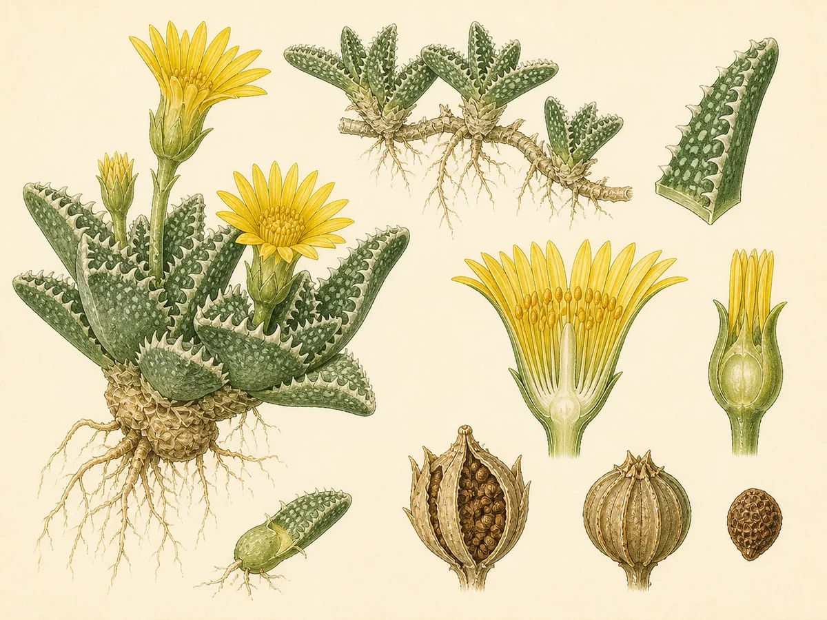 Prancha botânica complementar de Boca-de-tigre (Faucaria tigrina) com caracteres de identificação e ciclo de vida