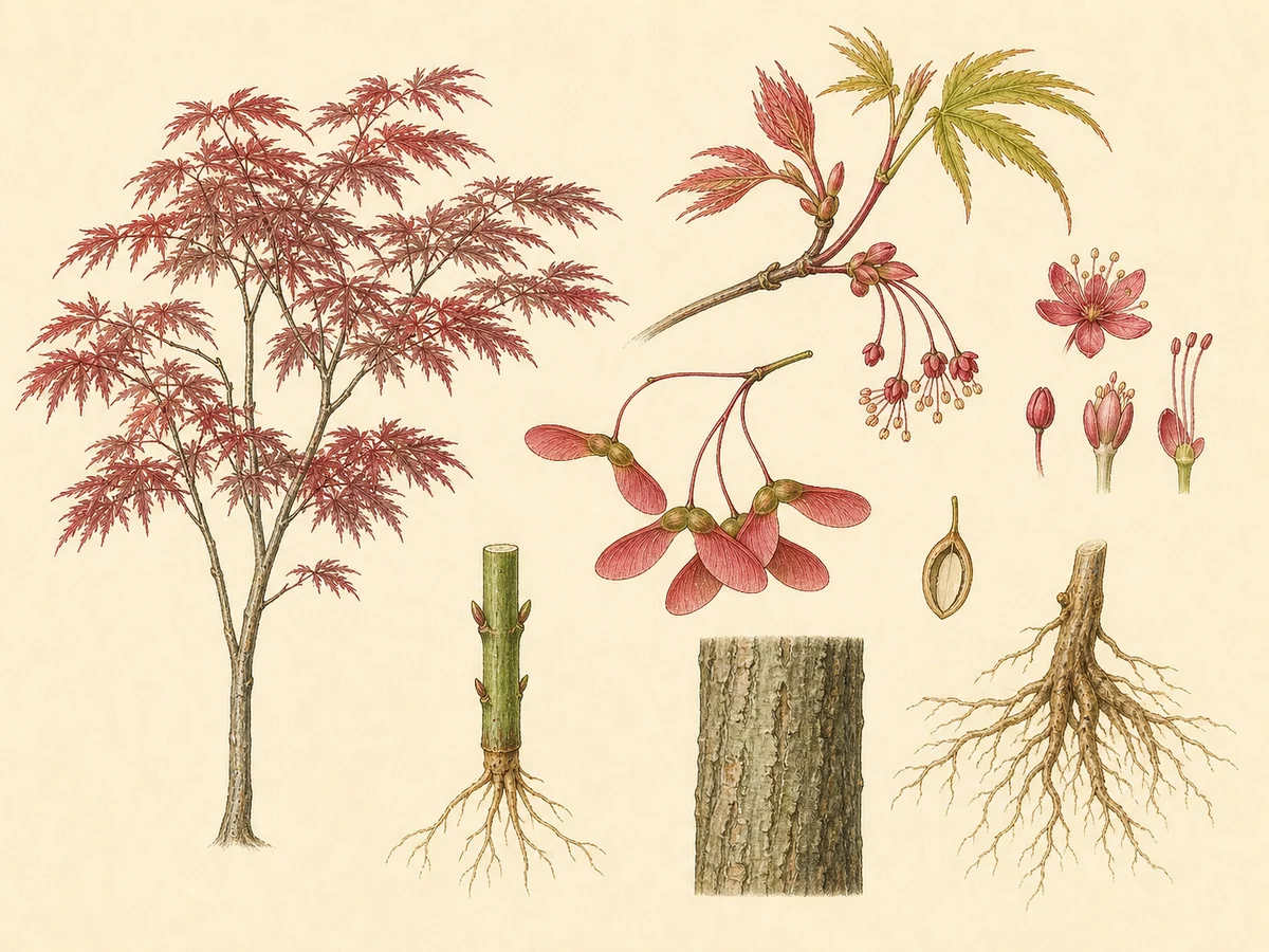 Prancha botânica complementar de Bordo-japonês (Acer palmatum) com caracteres de identificação e ciclo de vida