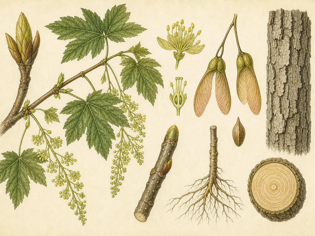 Prancha botânica complementar de Bordo-pseudoplátano (Acer pseudoplatanus) com caracteres de identificação e ciclo de vida