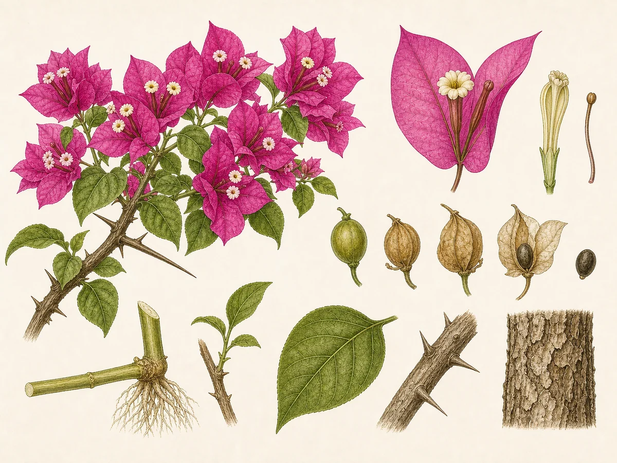 Prancha botânica complementar de Buganvília (Bougainvillea spectabilis) com caracteres de identificação e ciclo de vida