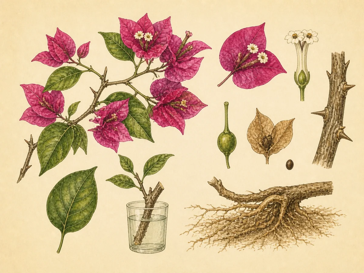 Prancha botânica complementar de Buganvília (Bougainvillea glabra) com caracteres de identificação e ciclo de vida