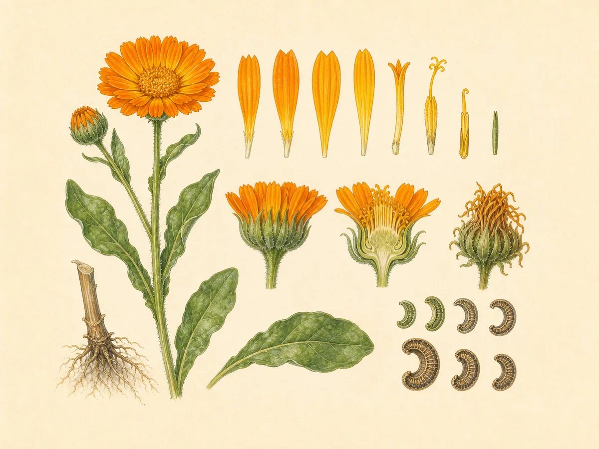 Prancha botânica complementar de Calêndula (Calendula officinalis) com caracteres de identificação e ciclo de vida