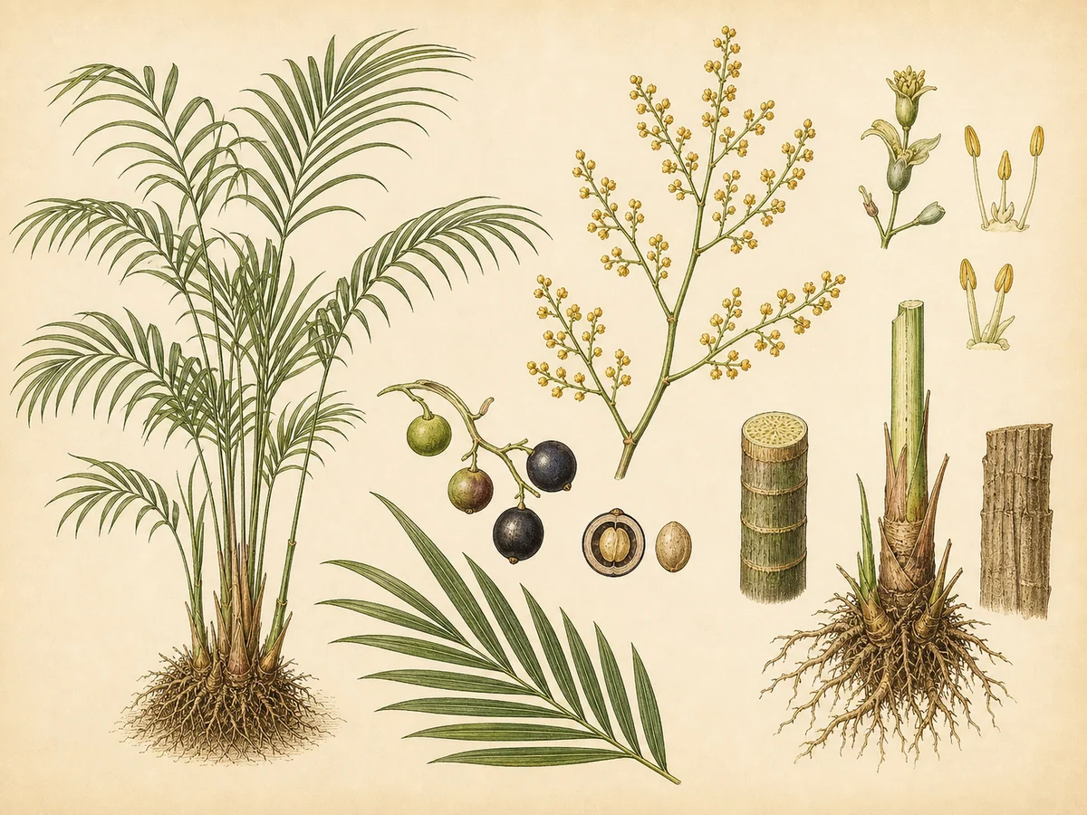 Prancha botânica complementar de Camedórea-elegante (Chamaedorea elegans) com caracteres de identificação e ciclo de vida