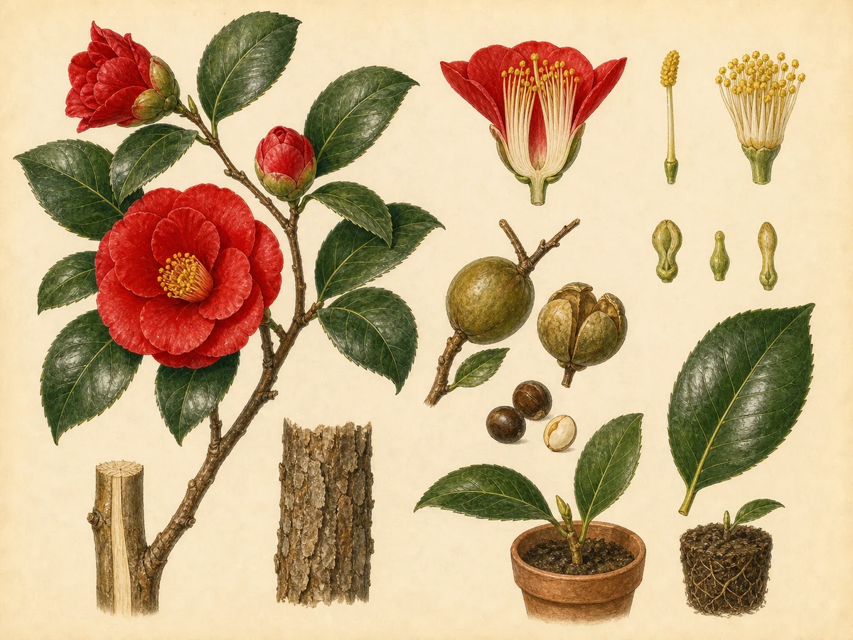 Prancha botânica complementar de Camélia (Camellia japonica) com caracteres de identificação e ciclo de vida