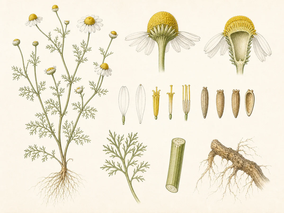 Prancha botânica complementar de Camomila-alemã (Matricaria chamomilla) com caracteres de identificação e ciclo de vida