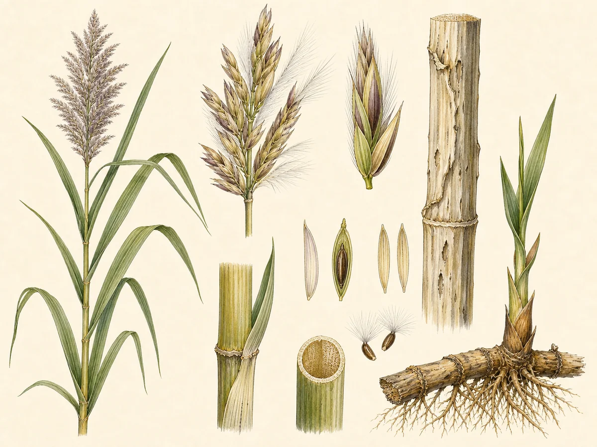 Prancha botânica complementar de Cana-do-reino — não plantar (Arundo donax) com caracteres de identificação e ciclo de vida