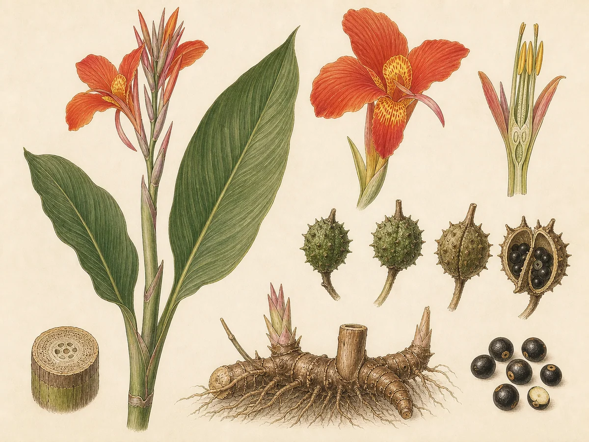 Prancha botânica complementar de Cana-índica (Canna indica) com caracteres de identificação e ciclo de vida