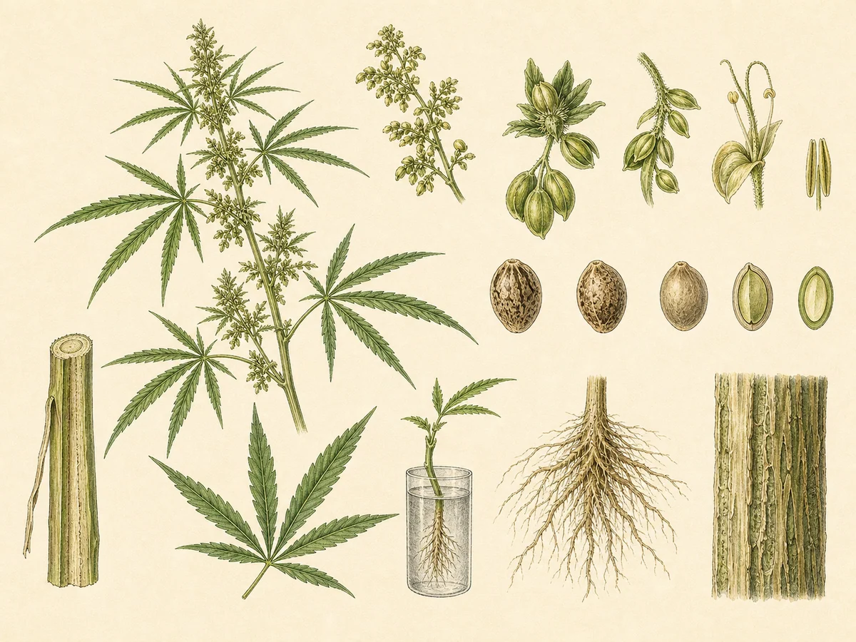 Prancha botânica complementar de Cânhamo industrial (Cannabis sativa) com caracteres de identificação e ciclo de vida