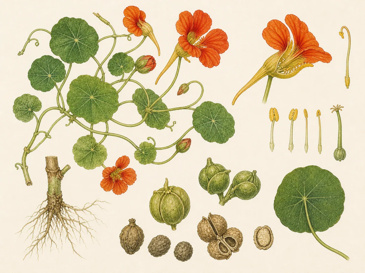 Prancha botânica complementar de Capuchinha — não plantar (Tropaeolum majus) com caracteres de identificação e ciclo de vida