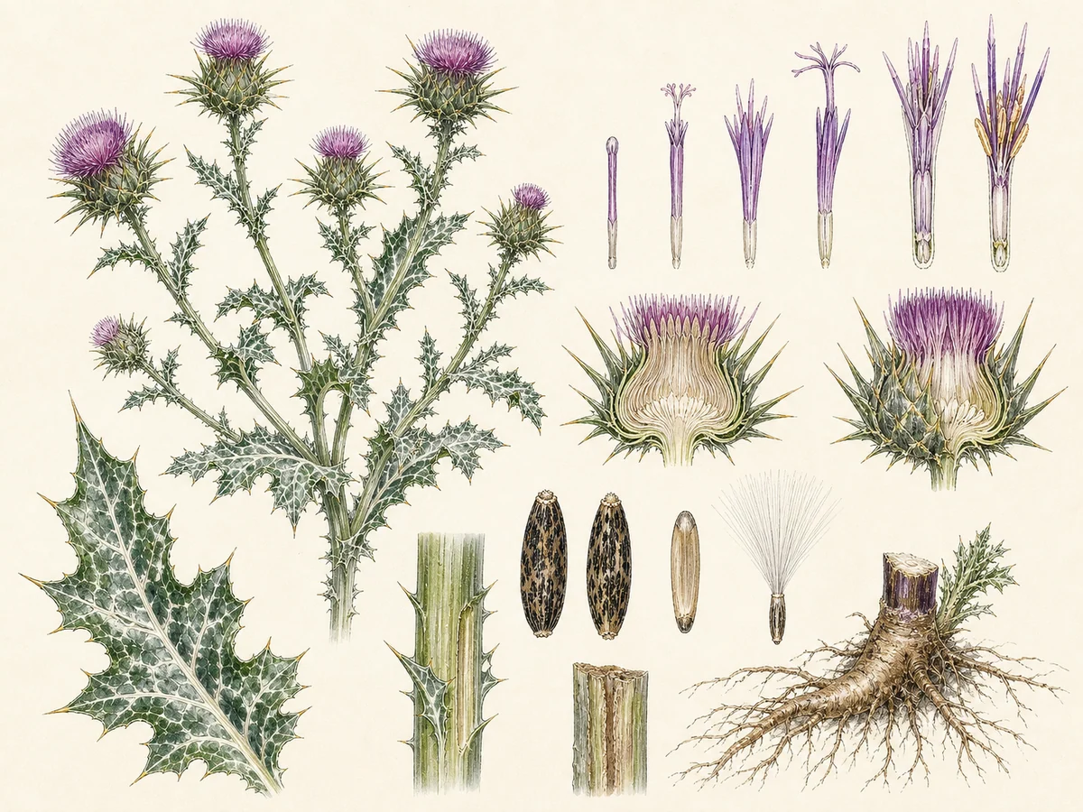 Prancha botânica complementar de Cardo-mariano (Silybum marianum) com caracteres de identificação e ciclo de vida