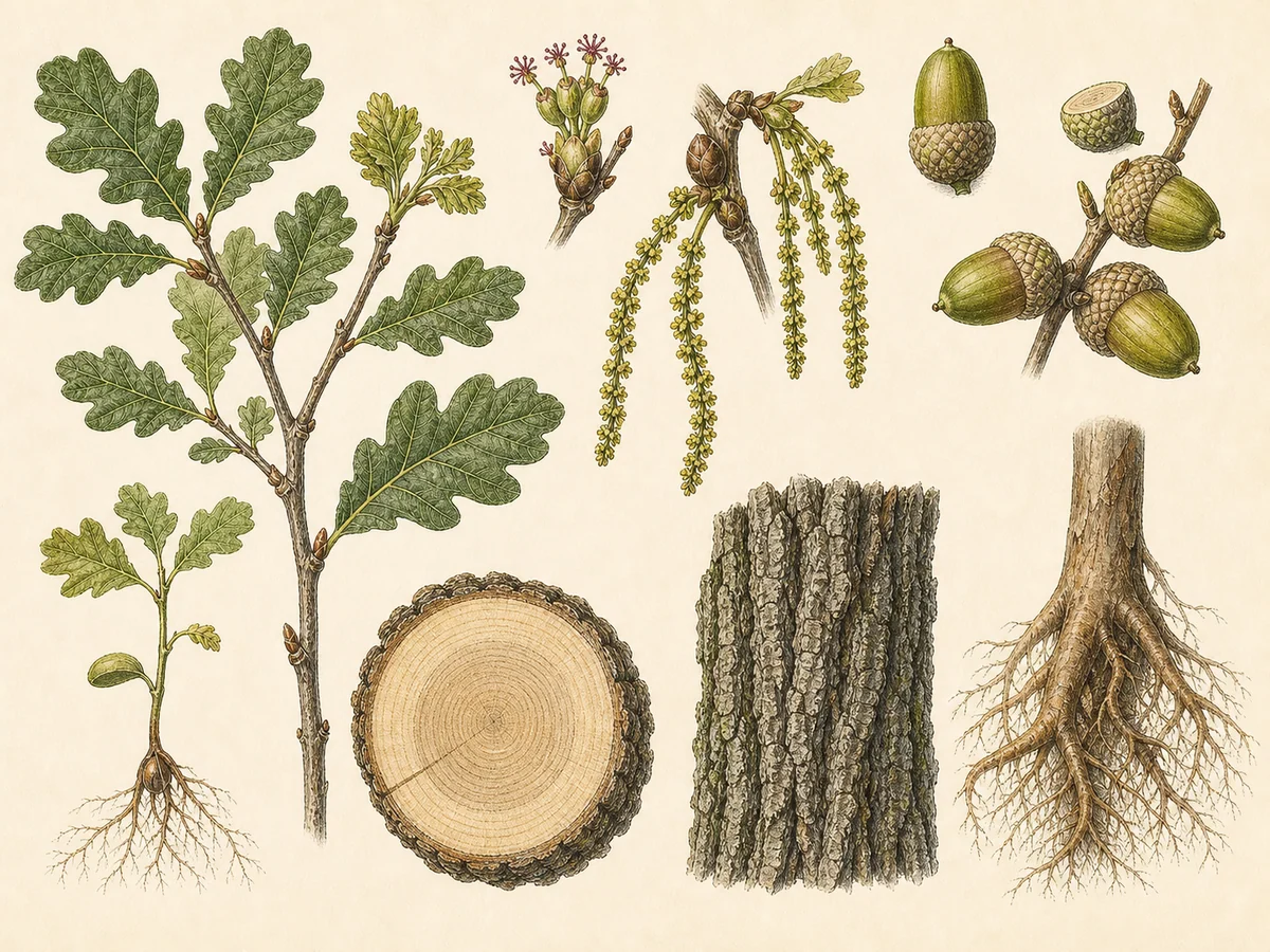 Prancha botânica complementar de Carvalho-alvarinho (Quercus robur) com caracteres de identificação e ciclo de vida