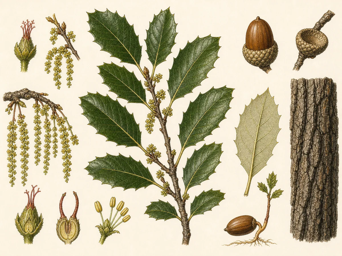 Prancha botânica complementar de Carvalho-vivo-da-costa (Quercus agrifolia) com caracteres de identificação e ciclo de vida