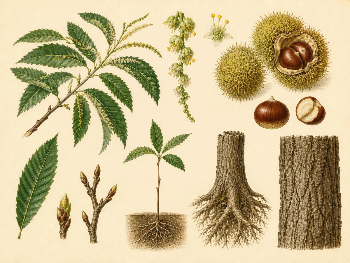 Prancha botânica complementar de Castanheiro (Castanea sativa) com caracteres de identificação e ciclo de vida