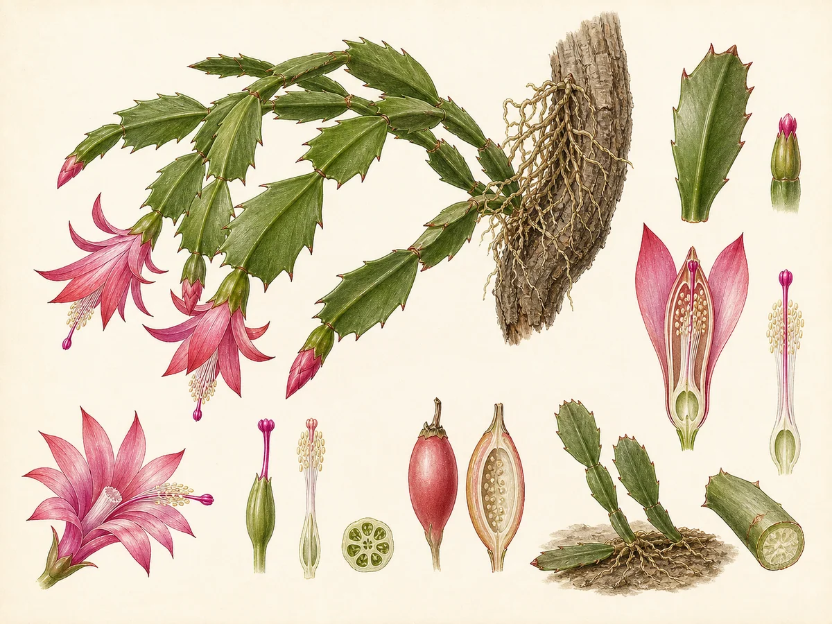 Prancha botânica complementar de Cato-de-Natal (Schlumbergera truncata) com caracteres de identificação e ciclo de vida