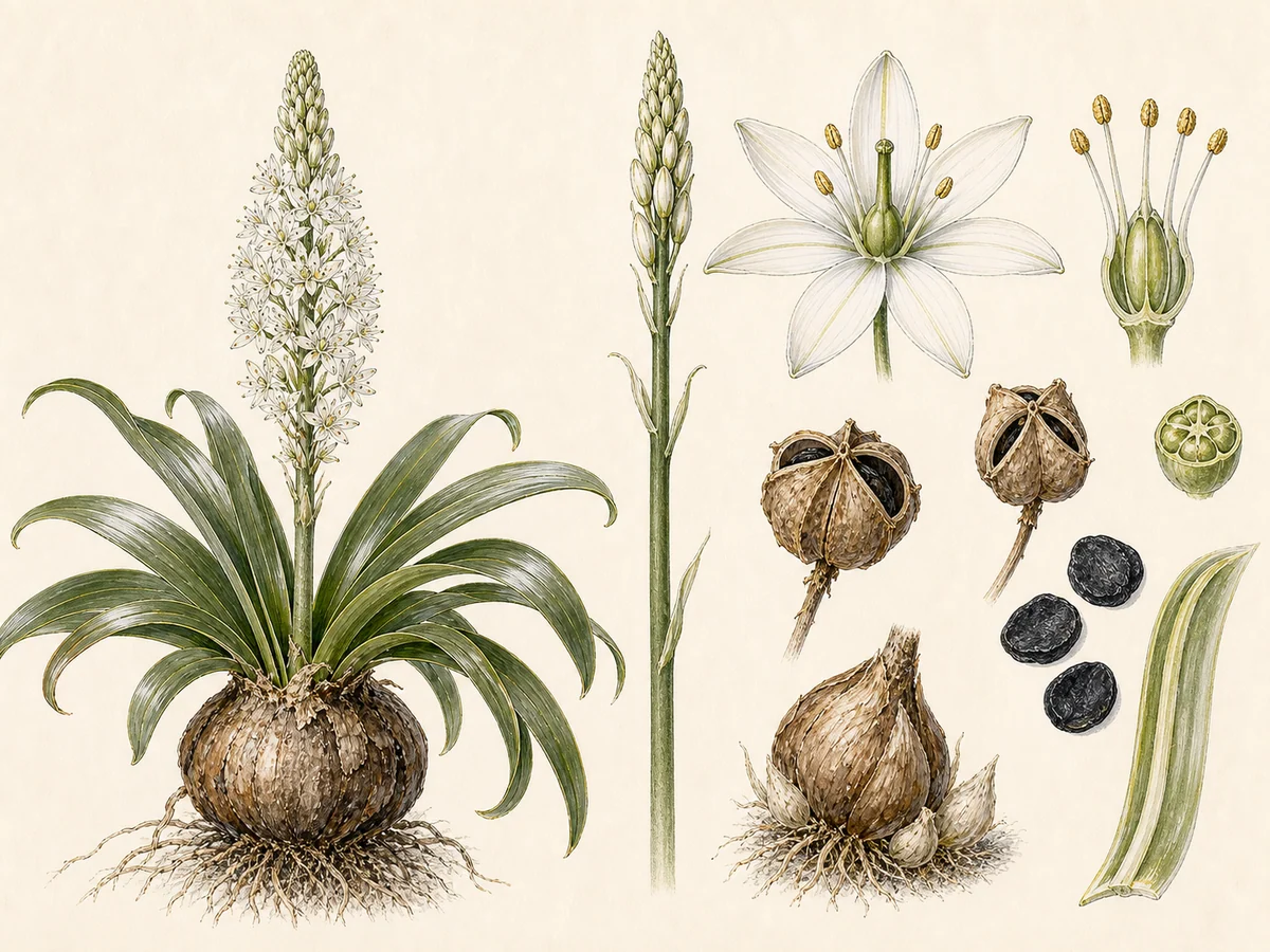 Prancha botânica complementar de Cebola-albarrã (Urginea maritima) com caracteres de identificação e ciclo de vida