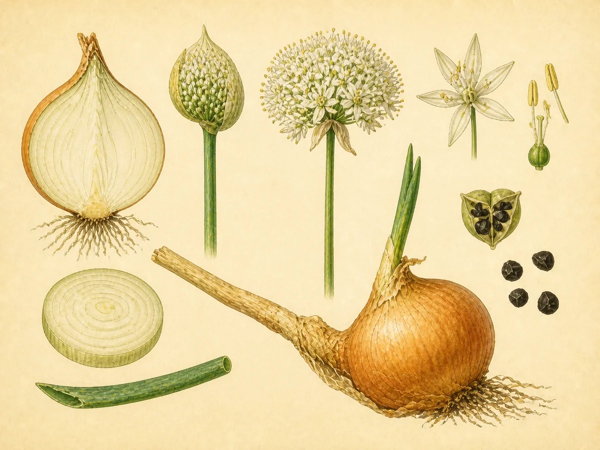 Prancha botânica complementar de Cebola (Allium cepa) com caracteres de identificação e ciclo de vida