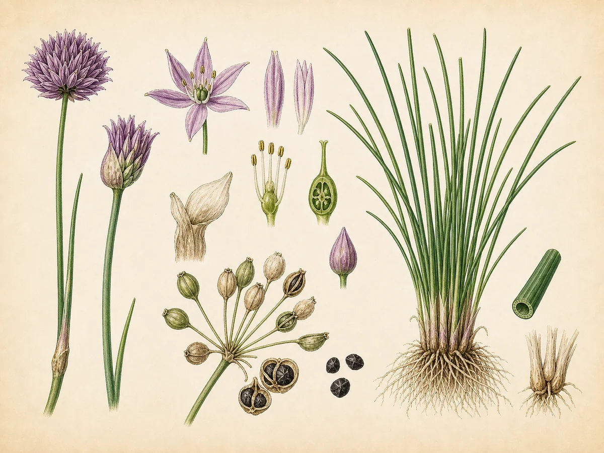 Prancha botânica complementar de Cebolinho (Allium schoenoprasum) com caracteres de identificação e ciclo de vida