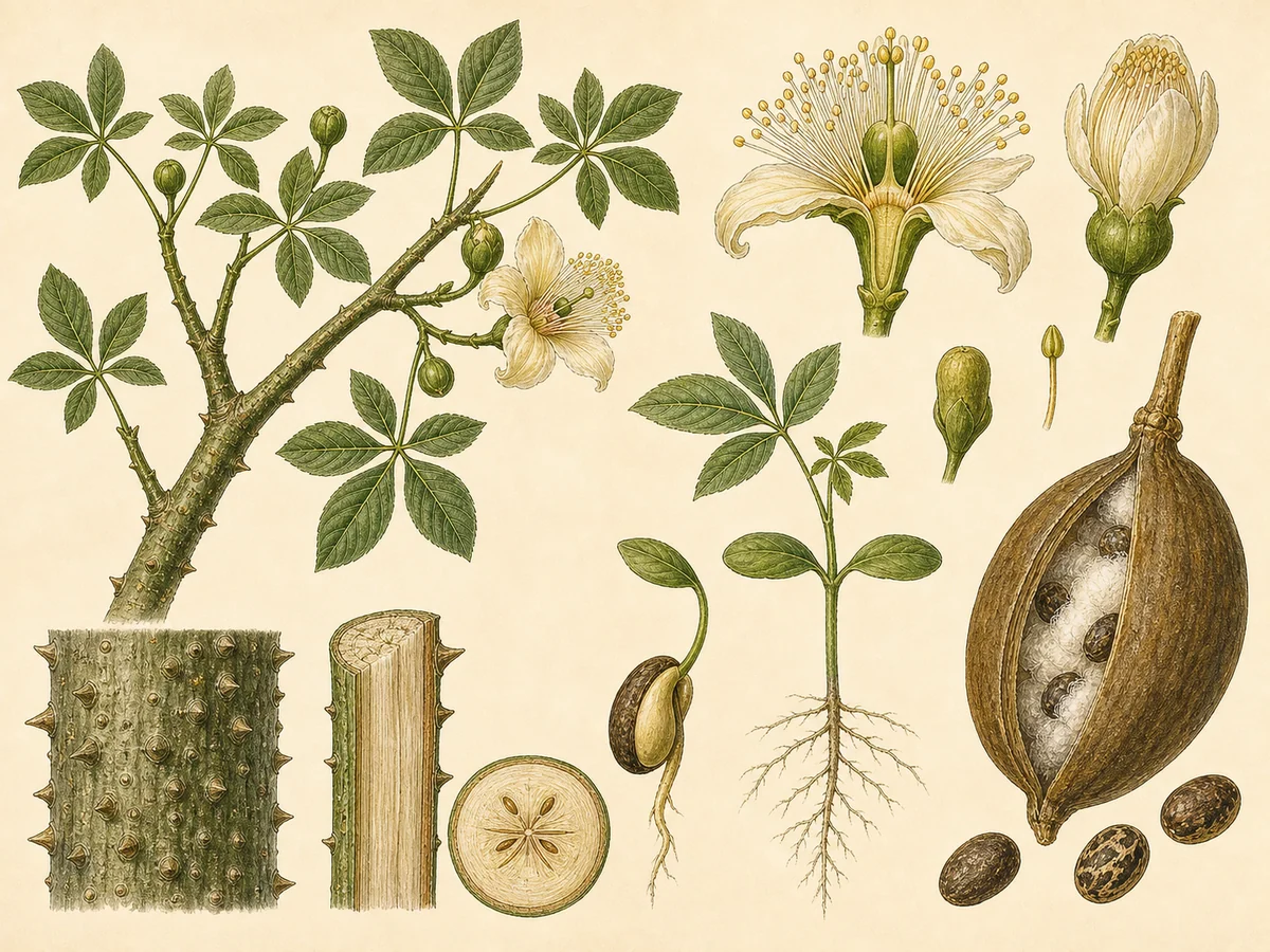 Prancha botânica complementar de Sumaúma (Ceiba pentandra) com caracteres de identificação e ciclo de vida