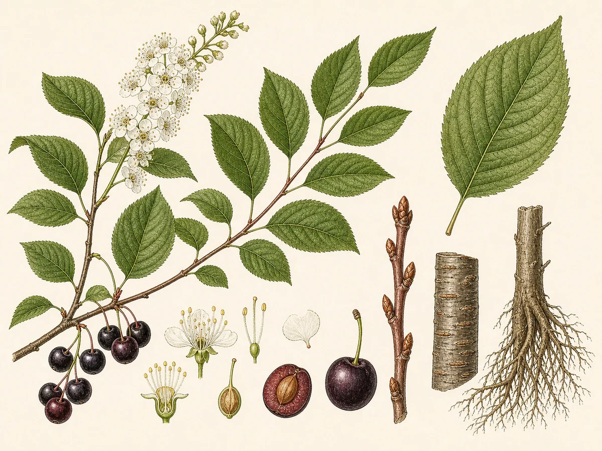 Prancha botânica complementar de Cereja-da-Virgínia (Prunus virginiana) com caracteres de identificação e ciclo de vida