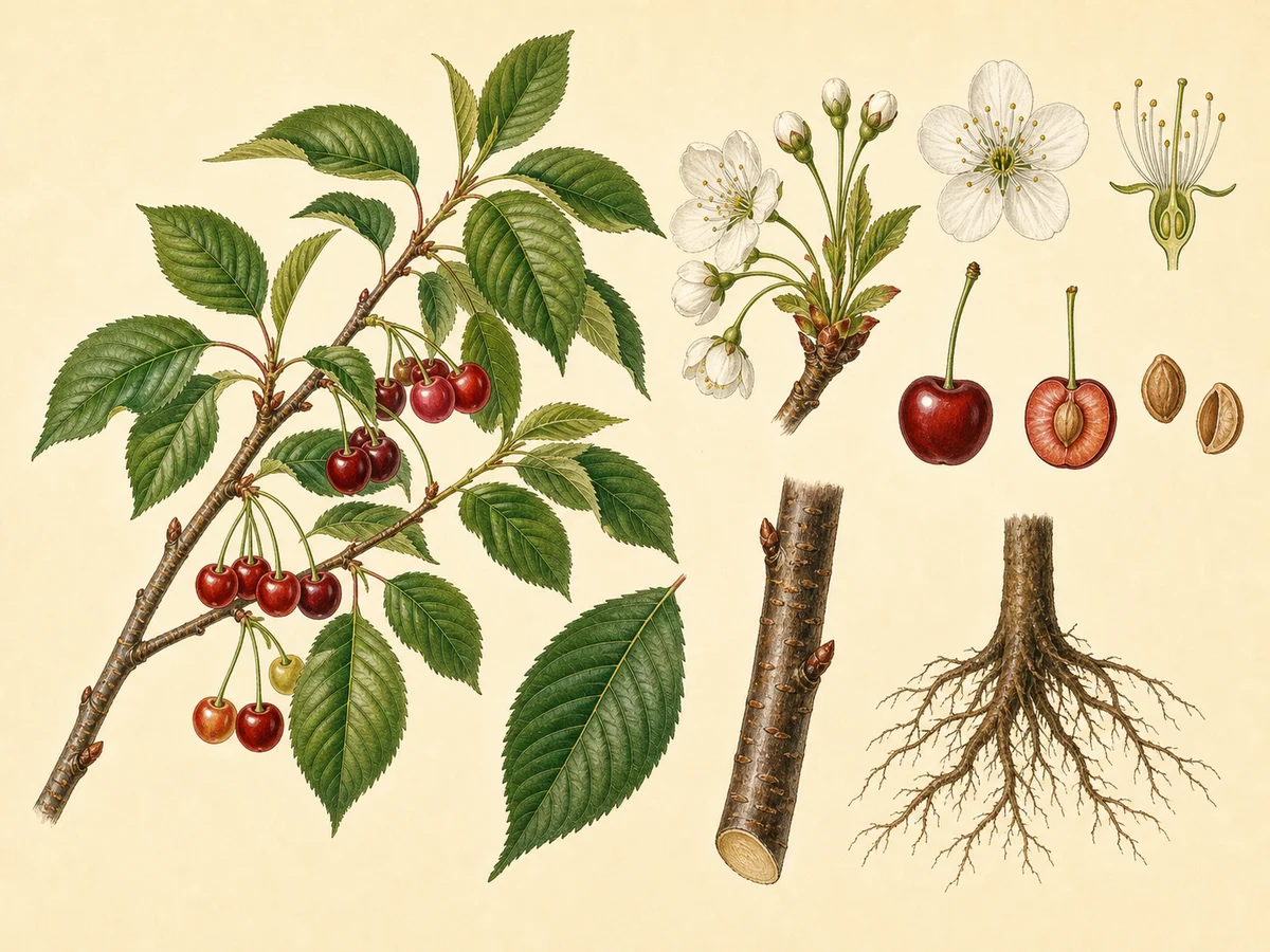 Prancha botânica complementar de Cerejeira (Prunus avium) com caracteres de identificação e ciclo de vida