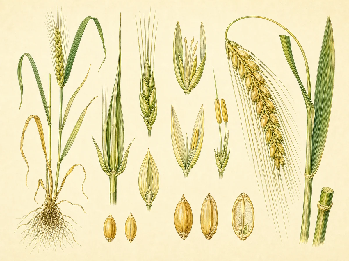 Prancha botânica complementar de Cevada (Hordeum vulgare) com caracteres de identificação e ciclo de vida