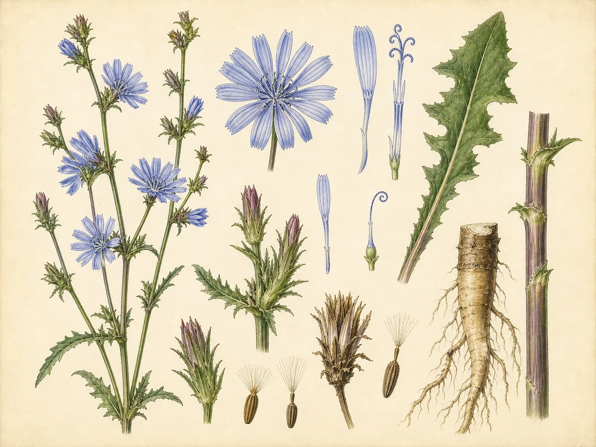 Prancha botânica complementar de Chicória (Cichorium intybus) com caracteres de identificação e ciclo de vida