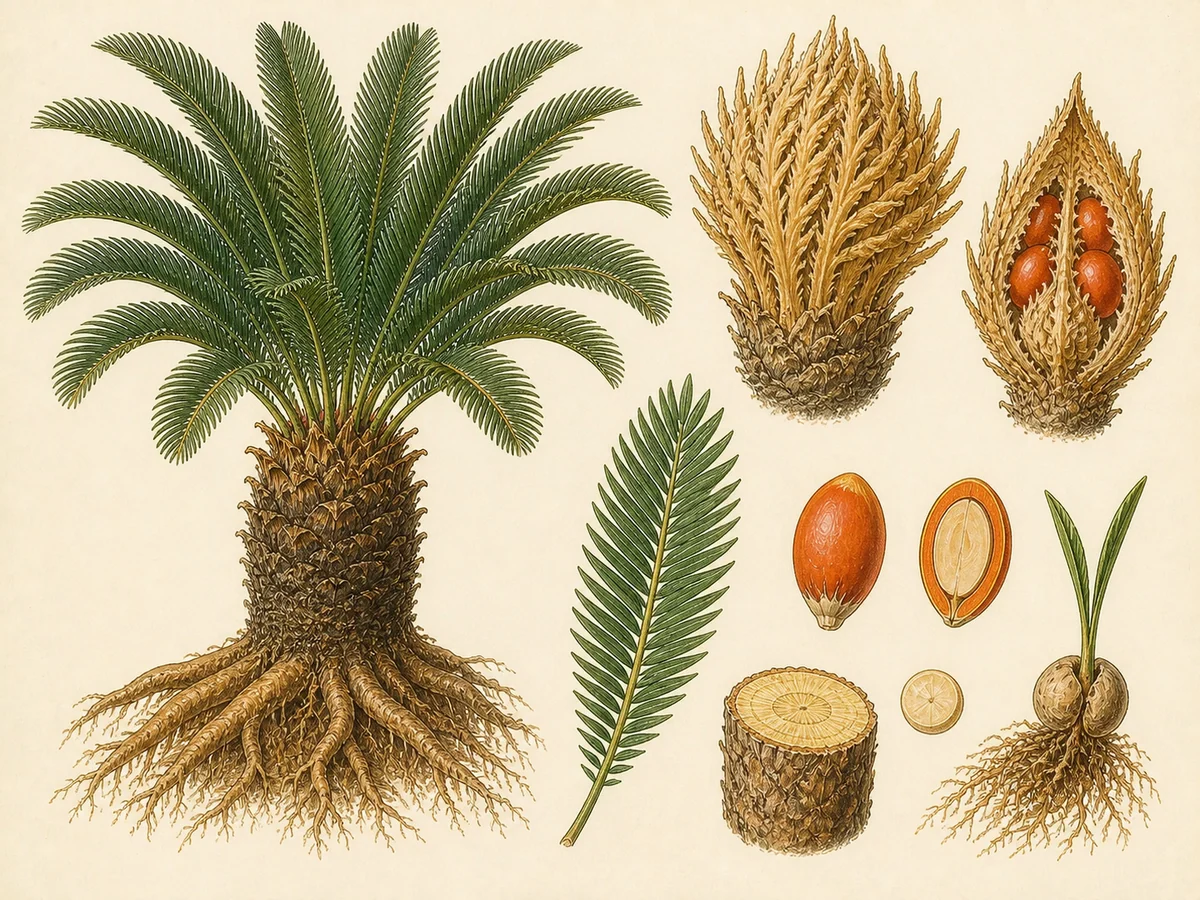 Prancha botânica complementar de Cica-do-Japão (Cycas revoluta) com caracteres de identificação e ciclo de vida