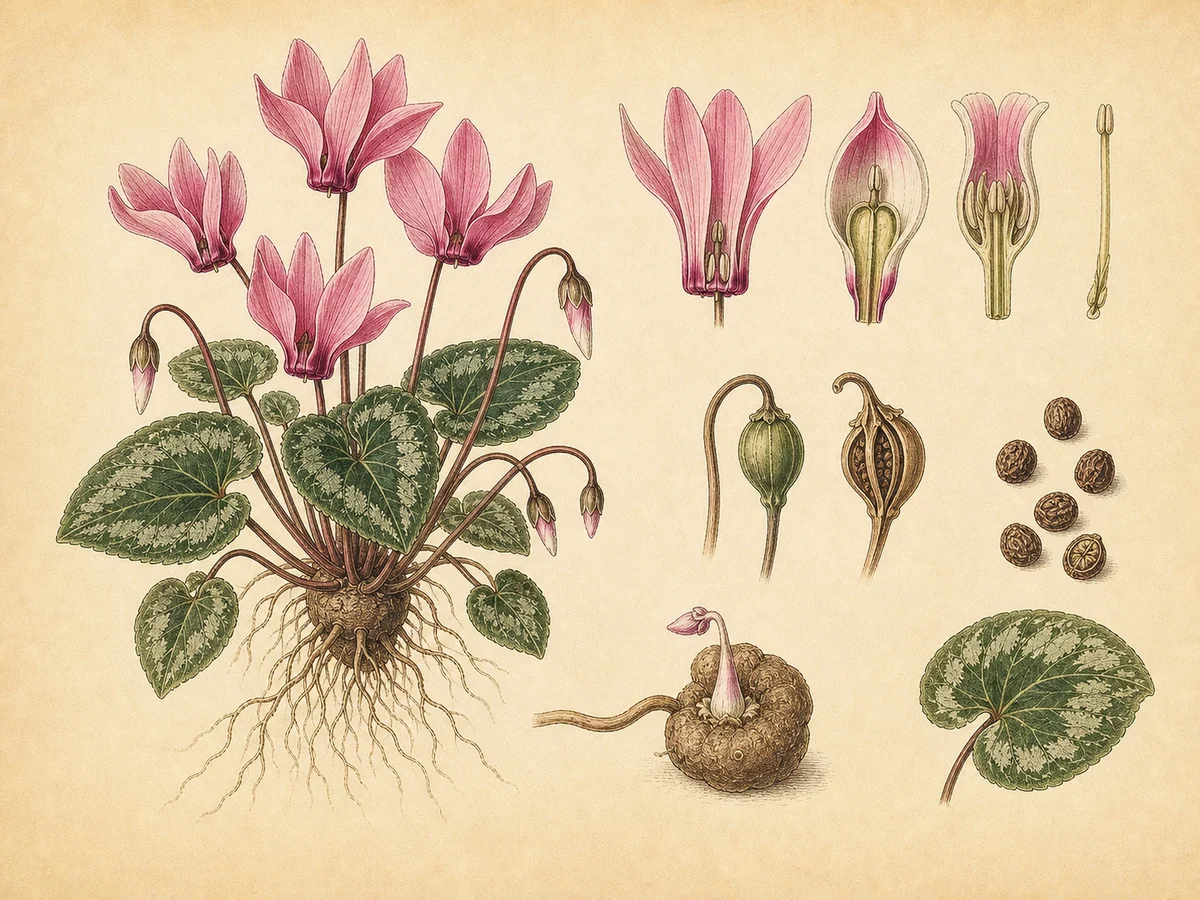 Prancha botânica complementar de Ciclame-da-pérsia (Cyclamen persicum) com caracteres de identificação e ciclo de vida