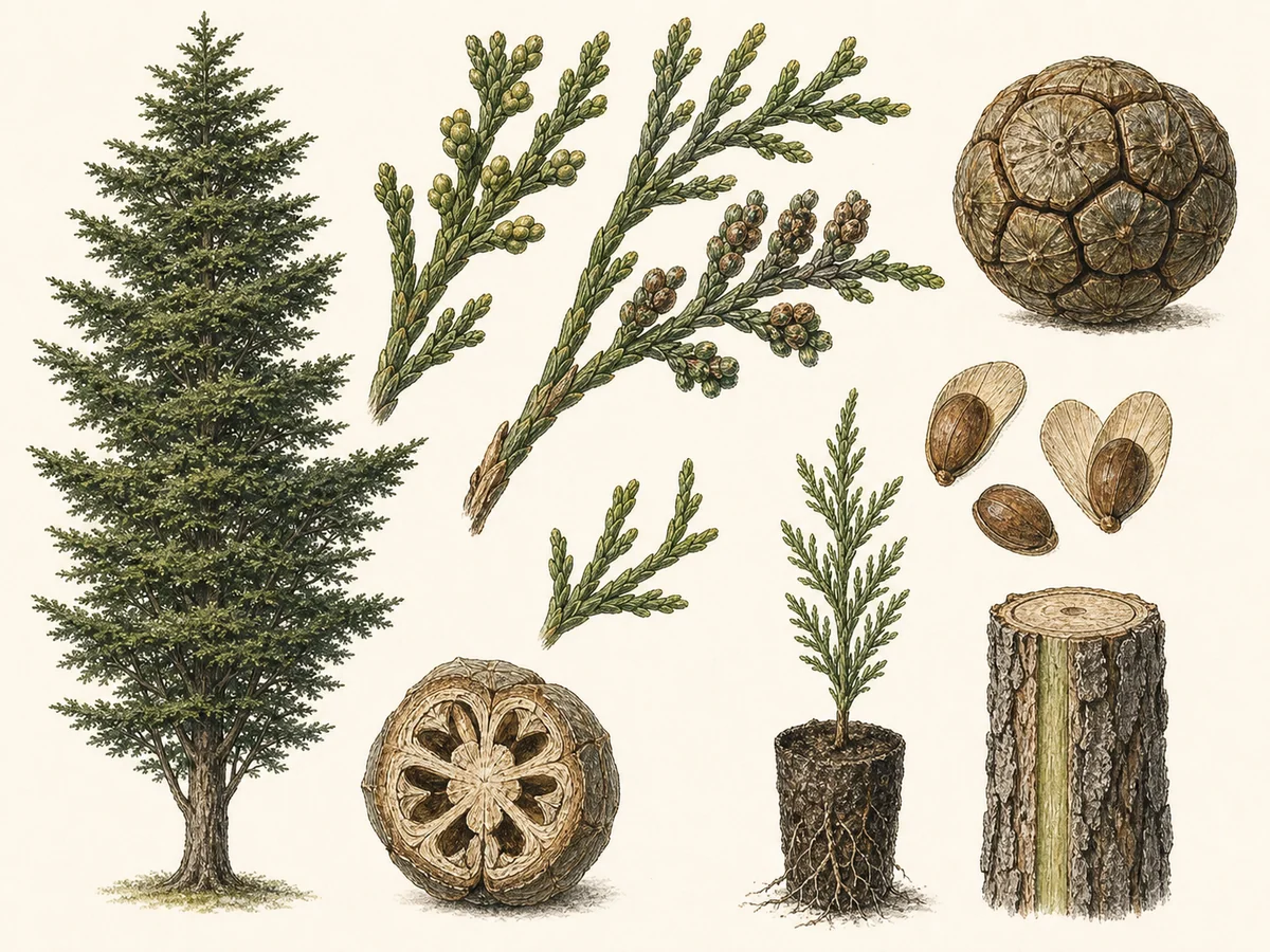 Prancha botânica complementar de Cipreste-de-Monterey (Hesperocyparis macrocarpa) com caracteres de identificação e ciclo de vida