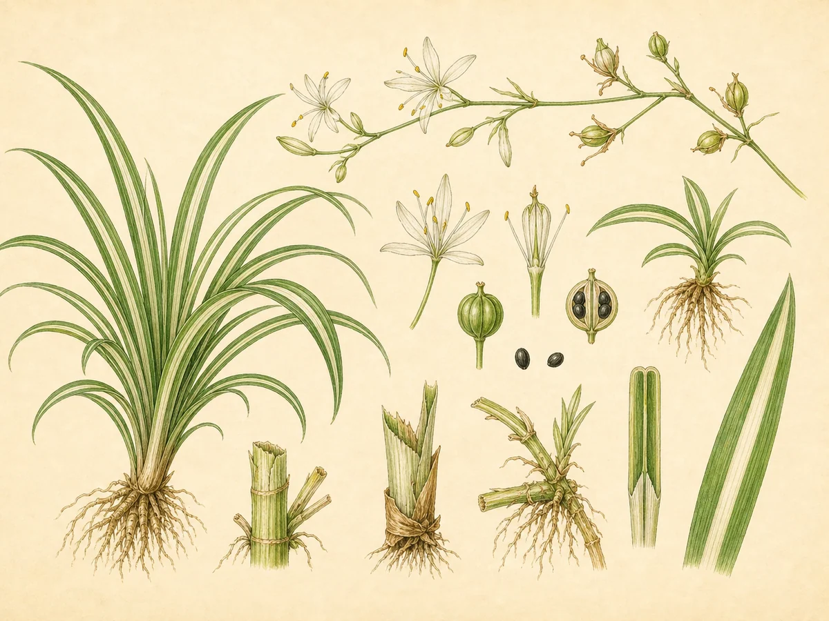 Prancha botânica complementar de Clorofito (Chlorophytum comosum) com caracteres de identificação e ciclo de vida