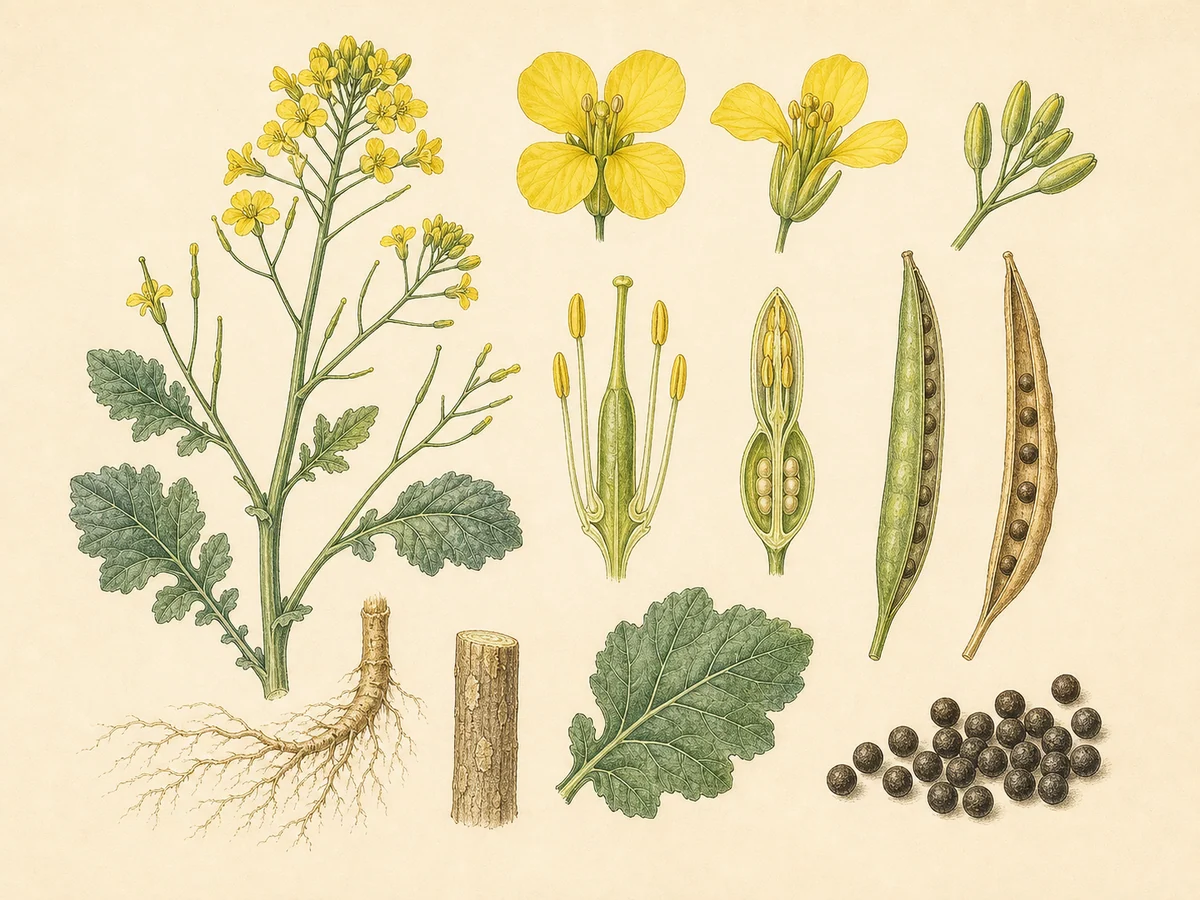 Prancha botânica complementar de Colza (Brassica napus) com caracteres de identificação e ciclo de vida