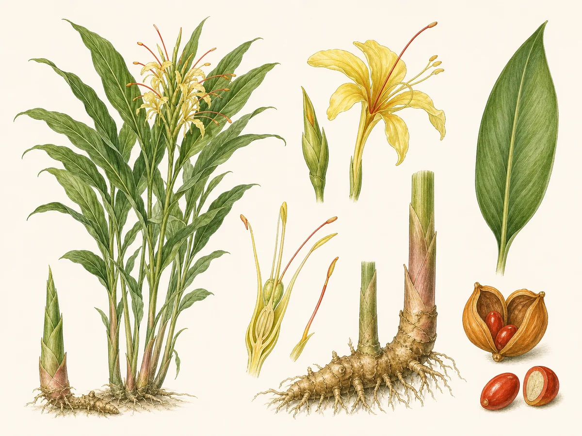 Prancha botânica complementar de Conteira — não plantar (Hedychium gardnerianum) com caracteres de identificação e ciclo de vida