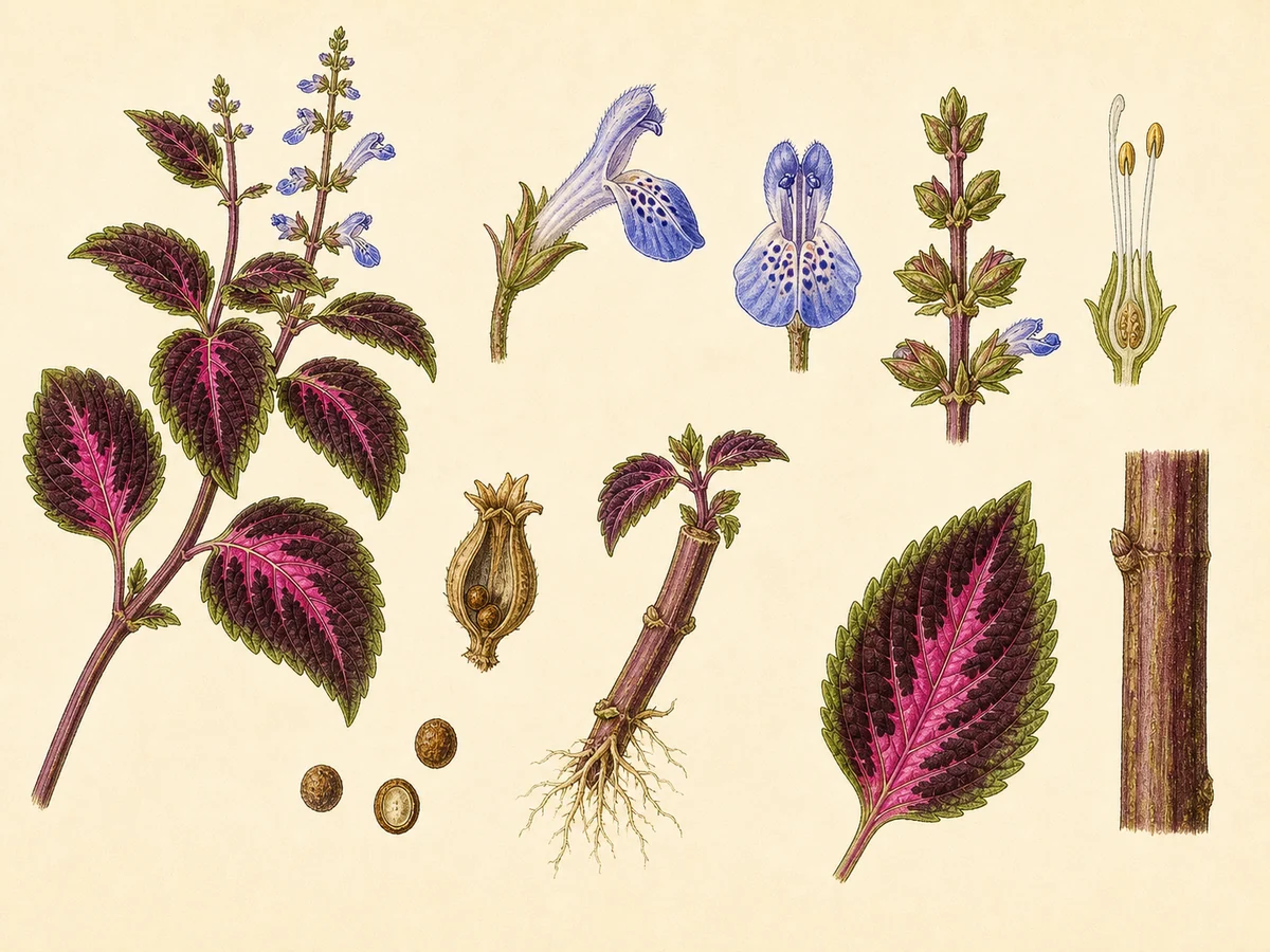 Prancha botânica complementar de Coração-magoado (Coleus scutellarioides) com caracteres de identificação e ciclo de vida