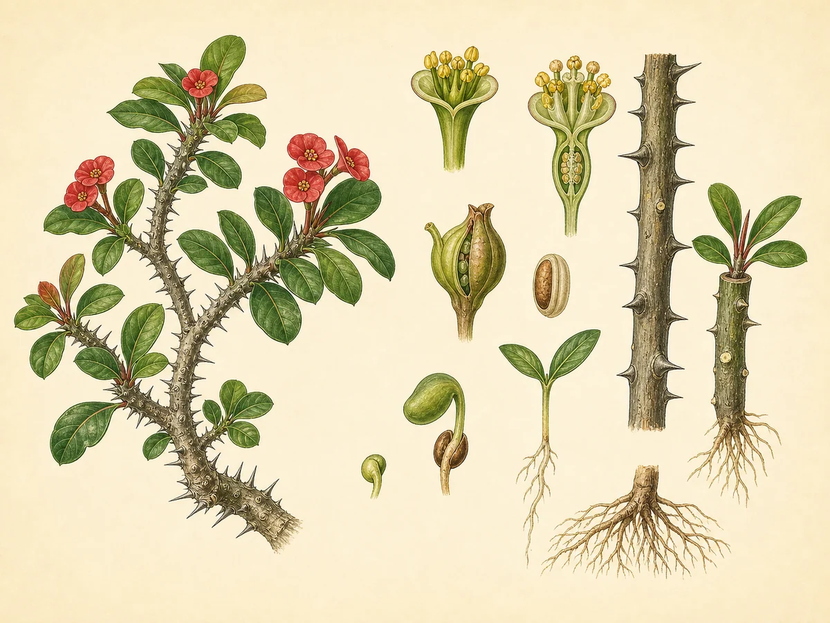 Prancha botânica complementar de Coroa-de-cristo (Euphorbia milii) com caracteres de identificação e ciclo de vida