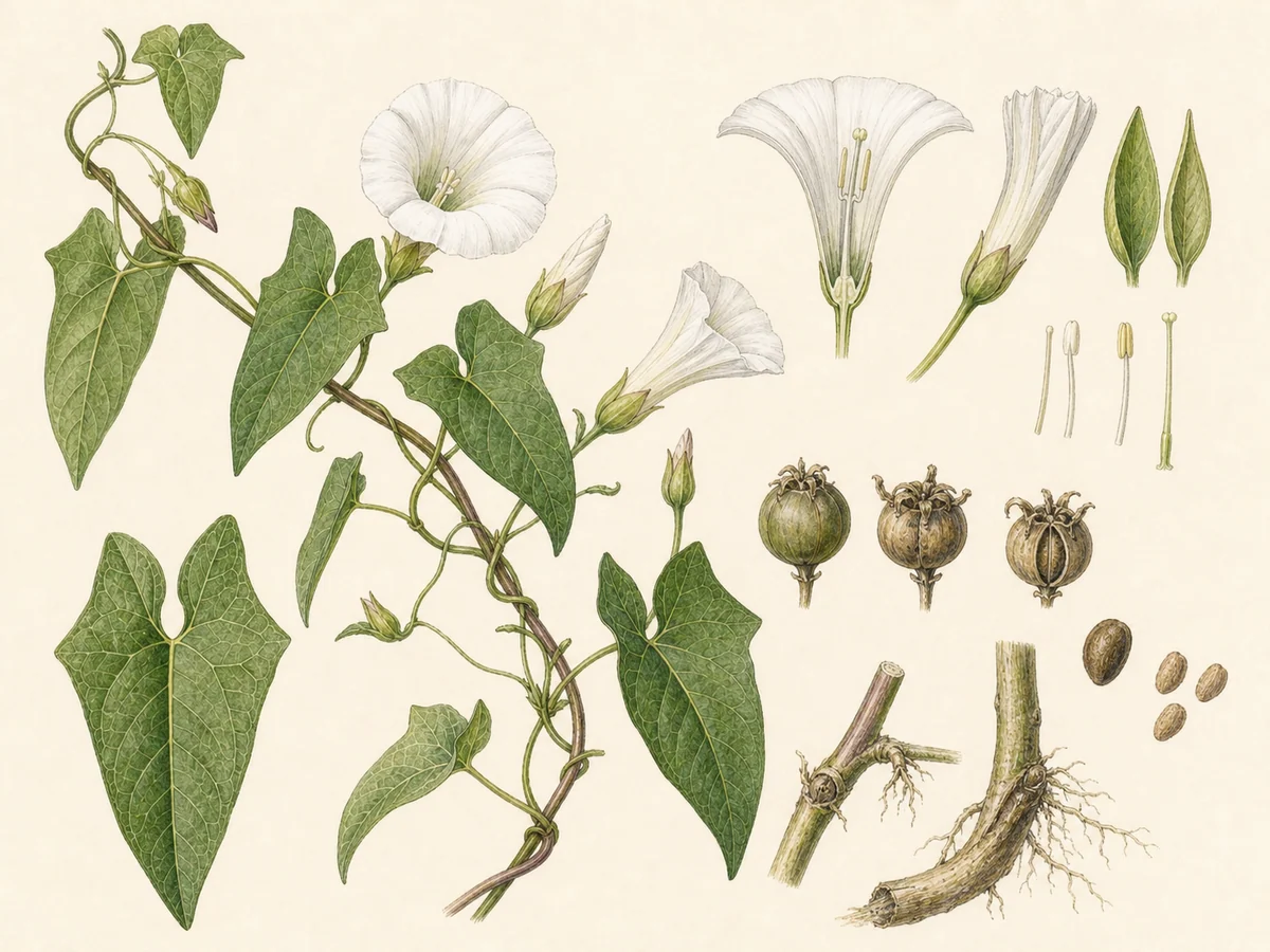 Prancha botânica complementar de Corriola-das-sebes (Calystegia sepium subsp. sepium) com caracteres de identificação e ciclo de vida
