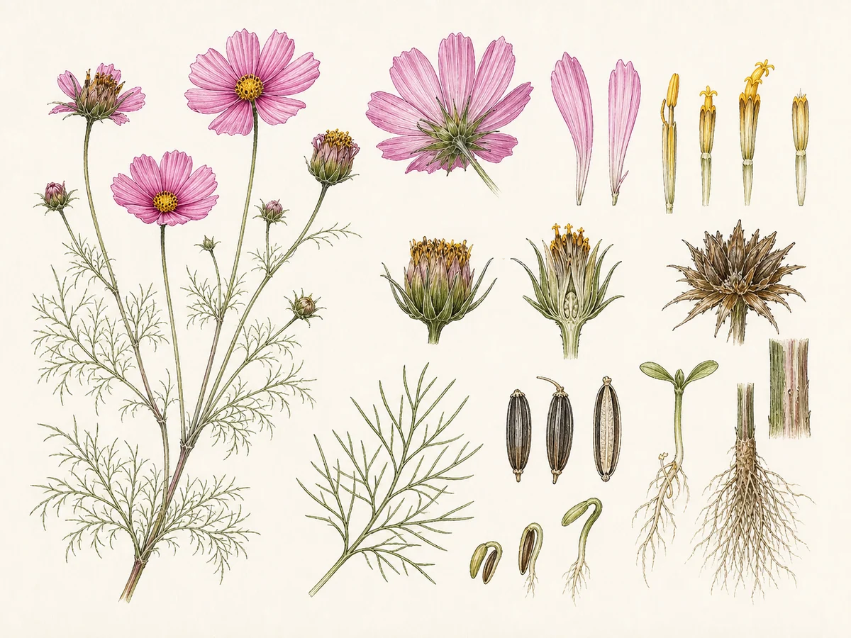 Prancha botânica complementar de Cosmos (Cosmos bipinnatus) com caracteres de identificação e ciclo de vida