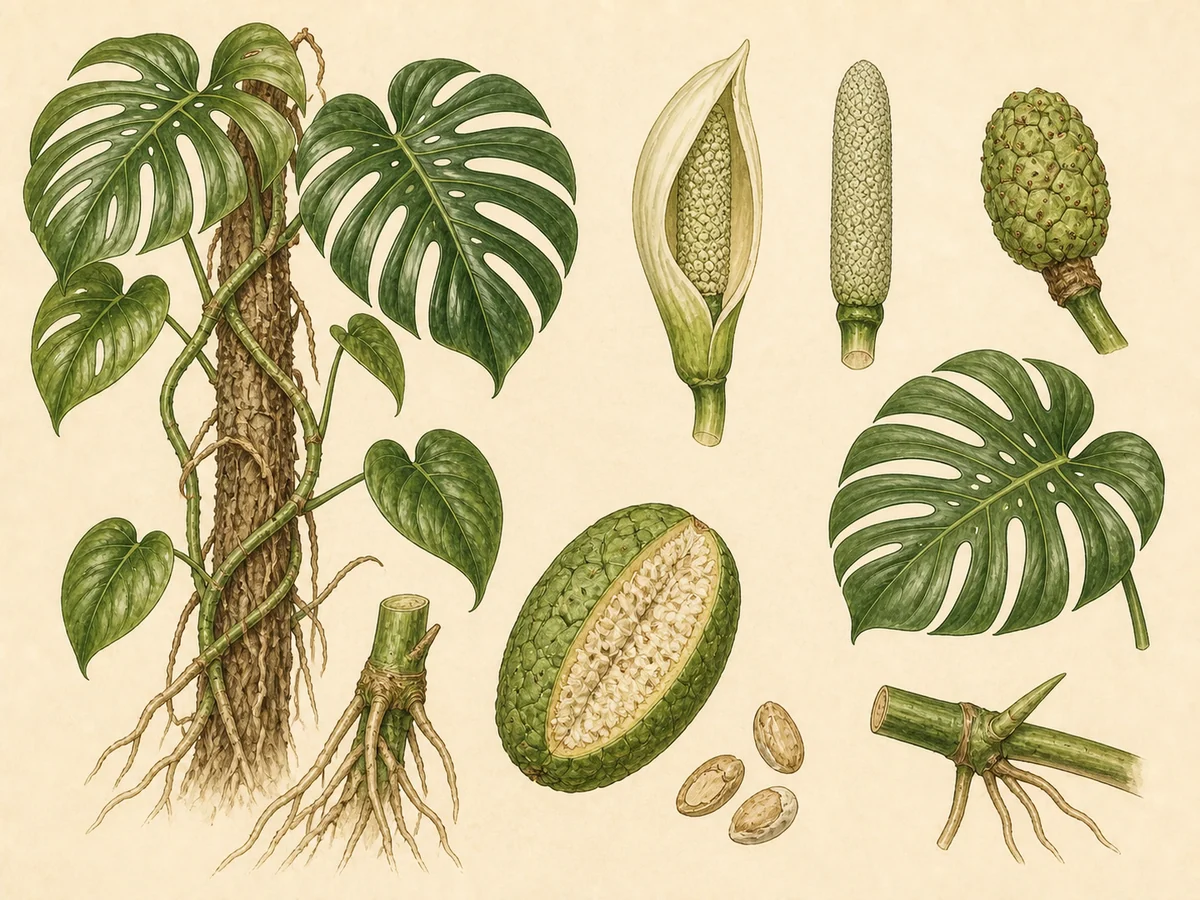 Prancha botânica complementar de Costela-de-adão (Monstera deliciosa) com caracteres de identificação e ciclo de vida