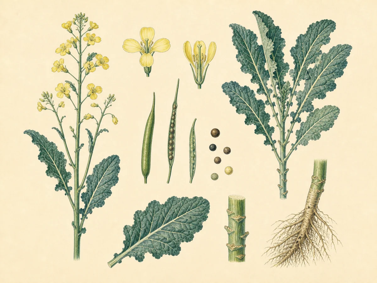 Prancha botânica complementar de Couve-galega (Brassica oleracea var. acephala) com caracteres de identificação e ciclo de vida