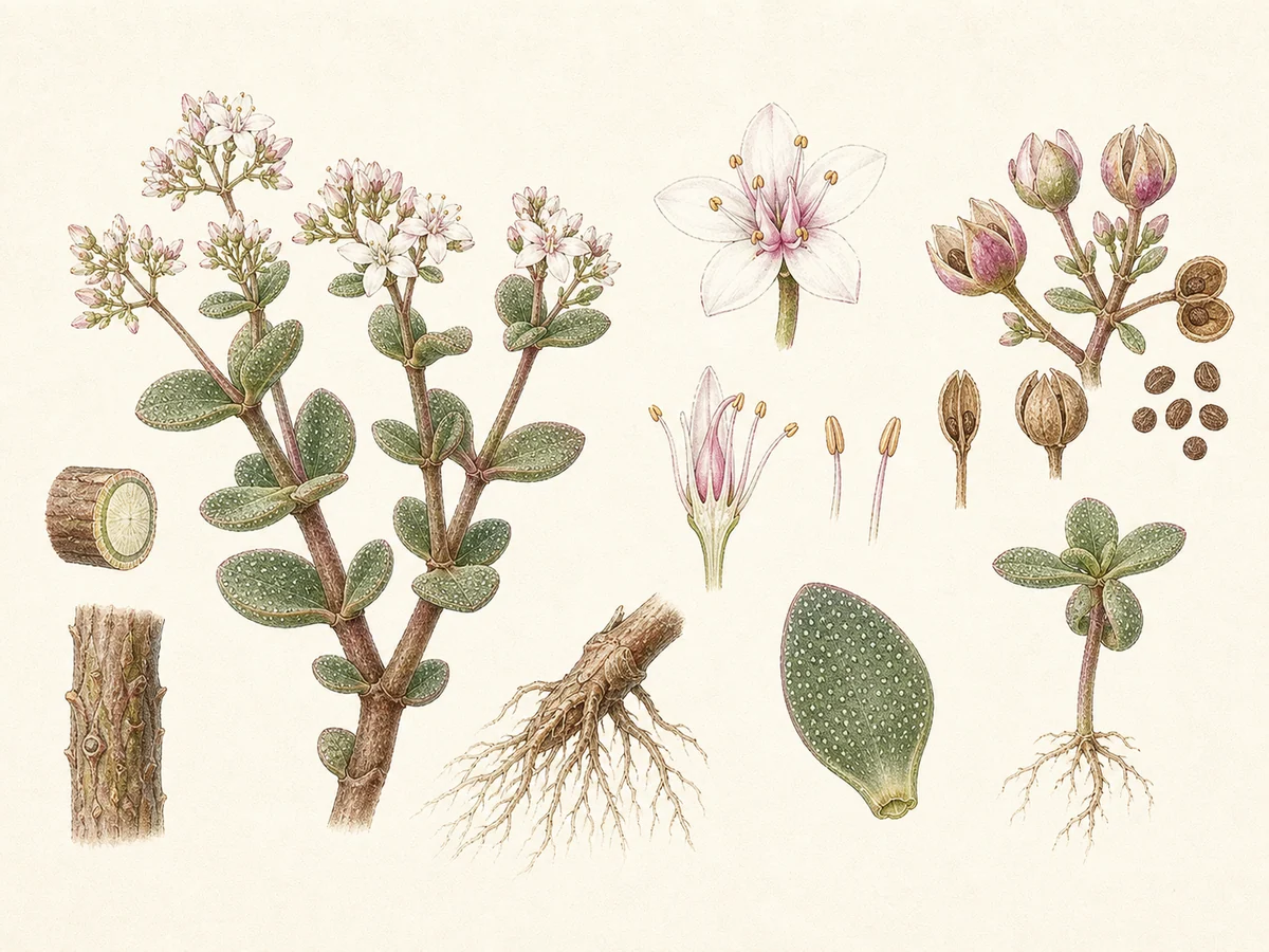 Prancha botânica complementar de Crássula-multicava (Crassula multicava) com caracteres de identificação e ciclo de vida