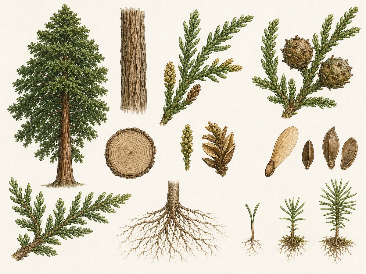 Prancha botânica complementar de Criptoméria (Cryptomeria japonica) com caracteres de identificação e ciclo de vida