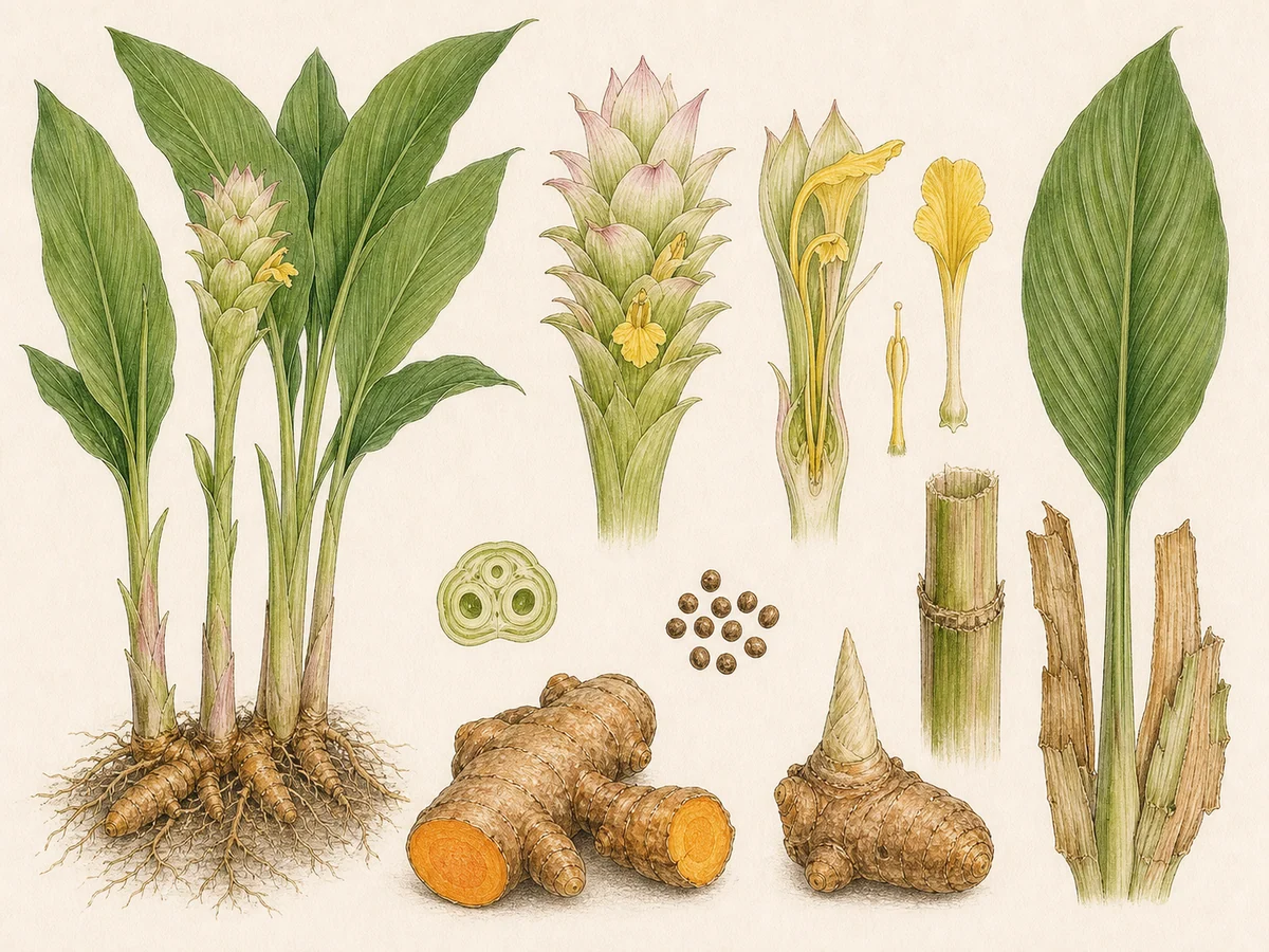 Prancha botânica complementar de Cúrcuma (Curcuma longa) com caracteres de identificação e ciclo de vida