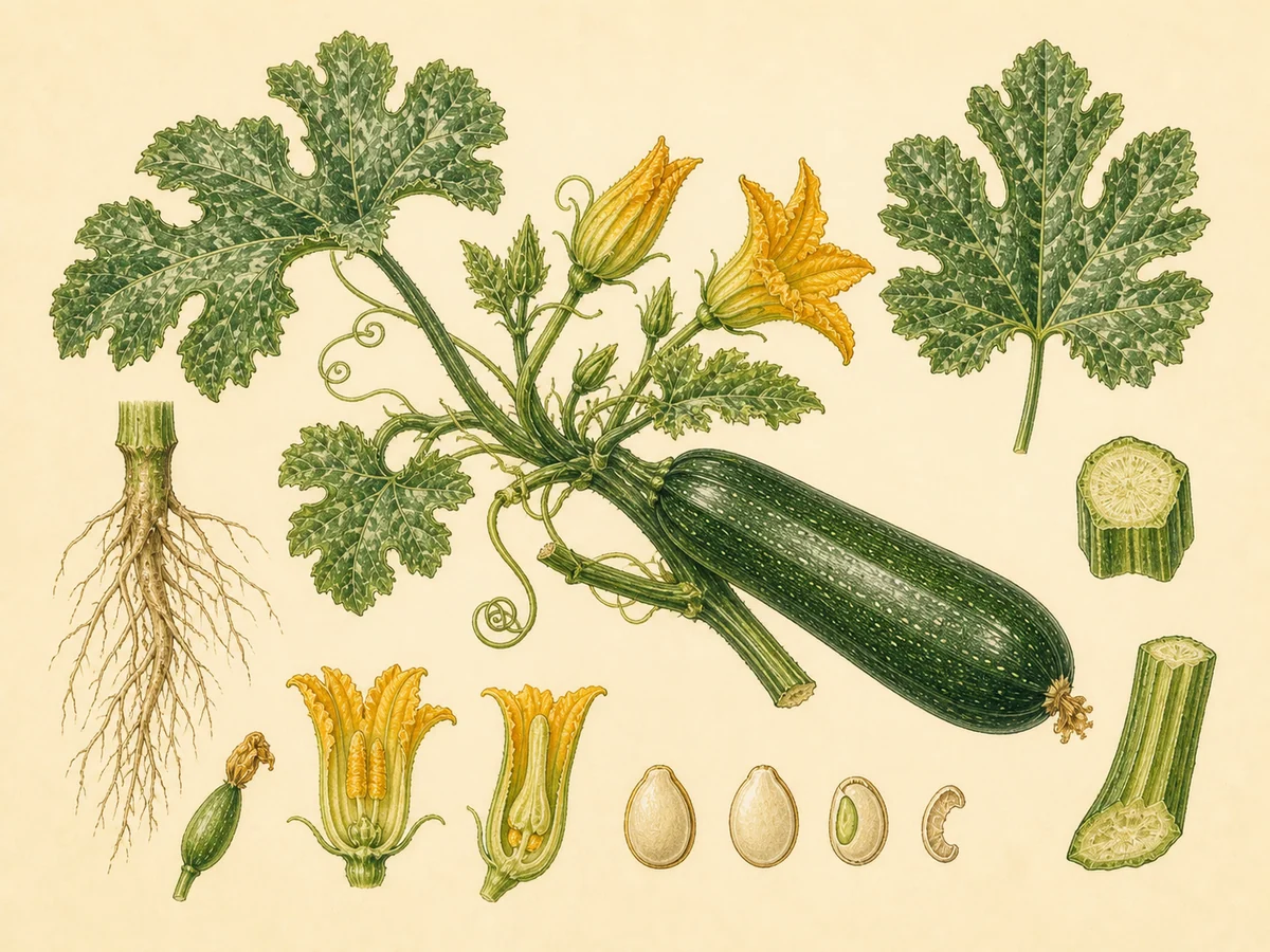 Prancha botânica complementar de Curgete (Cucurbita pepo) com caracteres de identificação e ciclo de vida