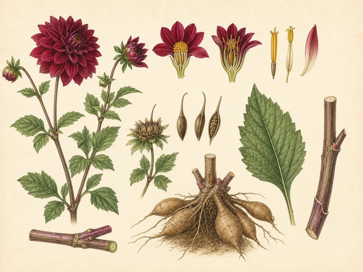 Prancha botânica complementar de Dália (Dahlia pinnata) com caracteres de identificação e ciclo de vida